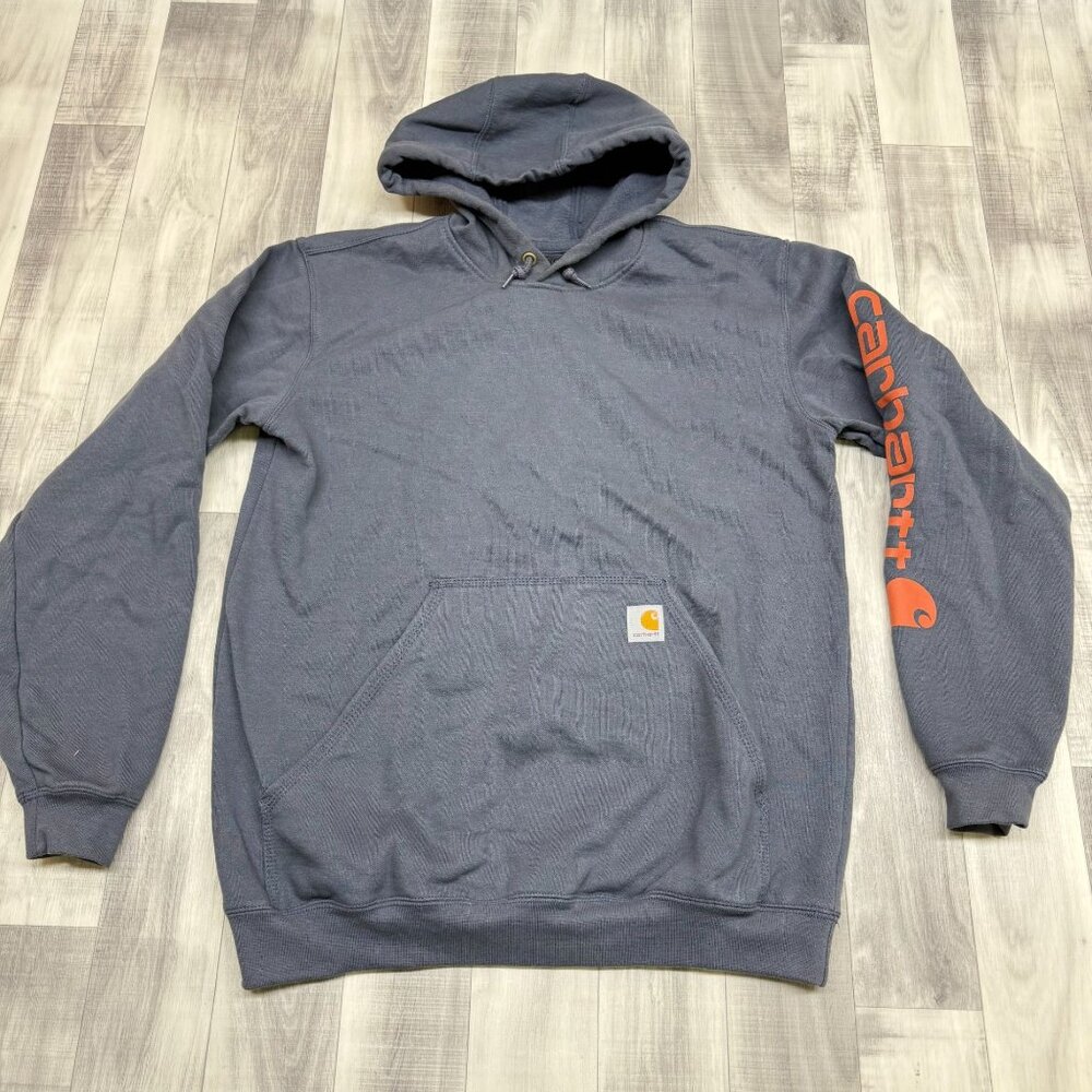 ✅ Mens M Carhartt Loose Fit Midweight Hoodie/Sweatshirt Blue/Gray Orange Logo